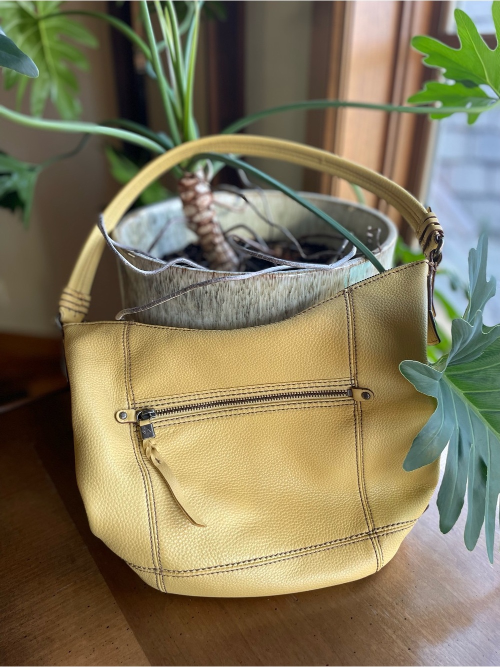 The Sak Sequoia Pebbled Leather Hobo Shoulder Bag in Buttercup Yellow
